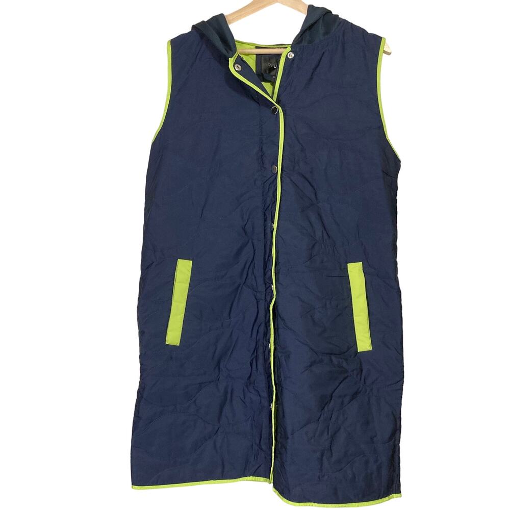A586708 NUAGE Zip Front Quilted Long Vest with Scuba Hood Navy S